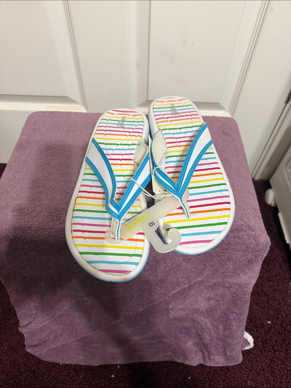 Women’s Rainbow Stripe Flip Flops with Blue Straps NWT